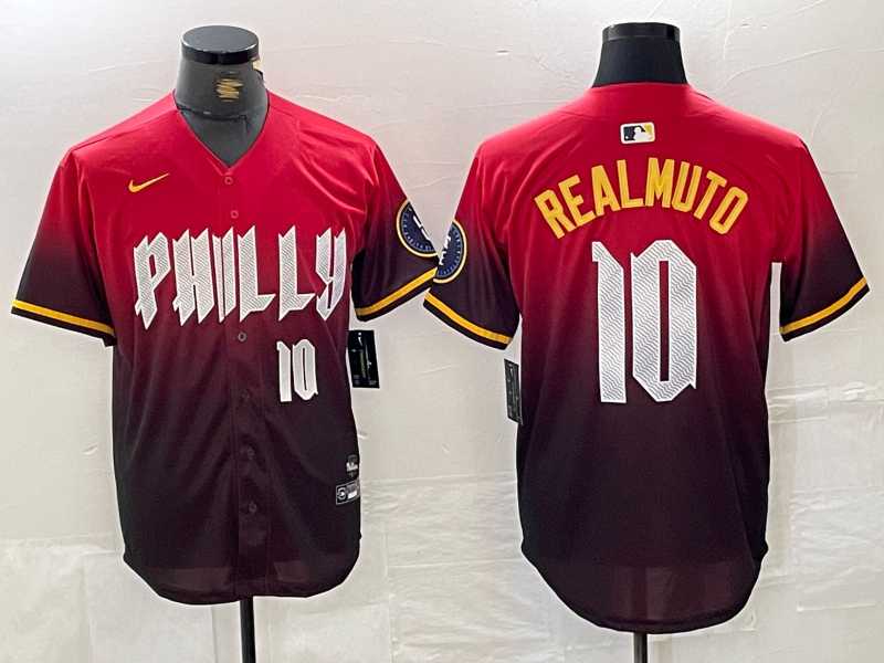 Mens Philadelphia Phillies #10 JT Realmuto Red 2024 City Player Number Cool Base Jersey->philadelphia phillies->MLB Jersey